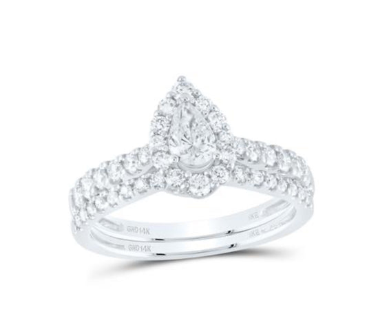 14K WHITE GOLD PEAR DIAMOND NICOLES DREAM COLLECTION HALO BRIDAL WEDDING RING SET 1 CTTW (CERTIFIED)