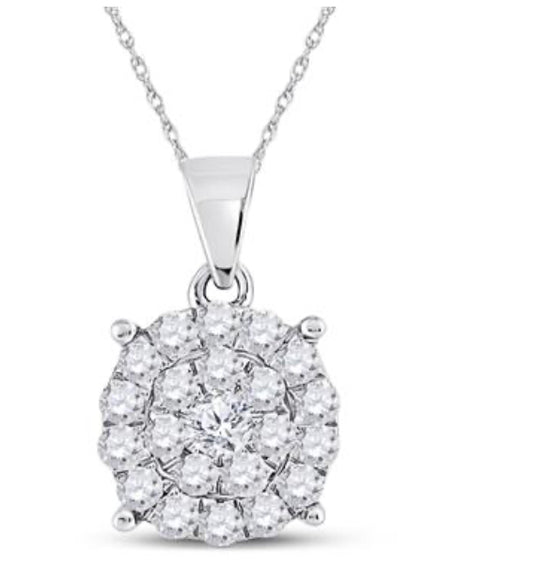 10K WHITE GOLD ROUND DIAMOND CLUSTER PENDANT 1 CTTW