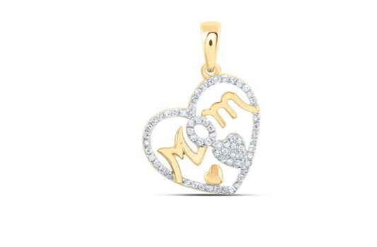 10K YELLOW GOLD ROUND DIAMOND MOM HEART PENDANT 1/3 CTTW