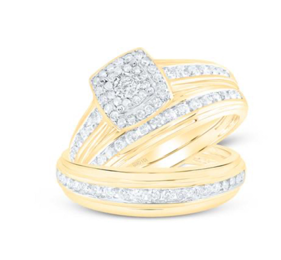 14K YELLOW GOLD ROUND DIAMOND HALO MATCHING WEDDING RING SET 7/8 CTTW