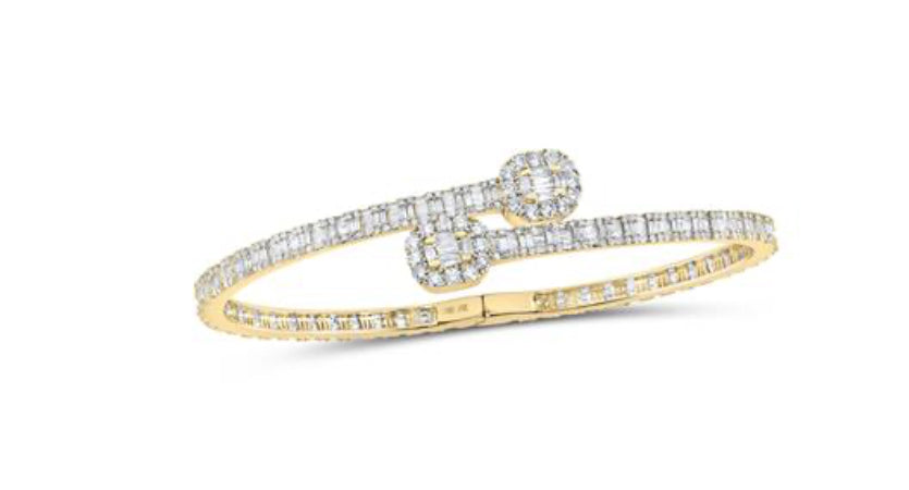 10K YELLOW GOLD BAGUETTE DIAMOND BYPASS BANGLE BRACELET 4-3/4 CTTW