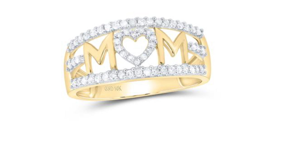 10K YELLOW GOLD ROUND DIAMOND MOM HEART BAND RING 1/4 CTTW