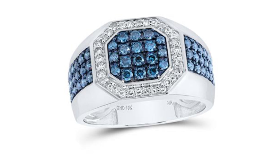 10K WHITE GOLD ROUND BLUE DIAMOND OCTAGON RING 1-1/5 CTTW