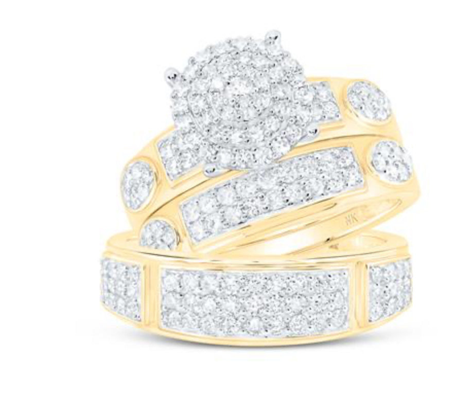 10K YELLOW GOLD ROUND DIAMOND CLUSTER NICOLES DREAM COLLECTION MATCHING WEDDING RING SET 1-3/8 CTTW