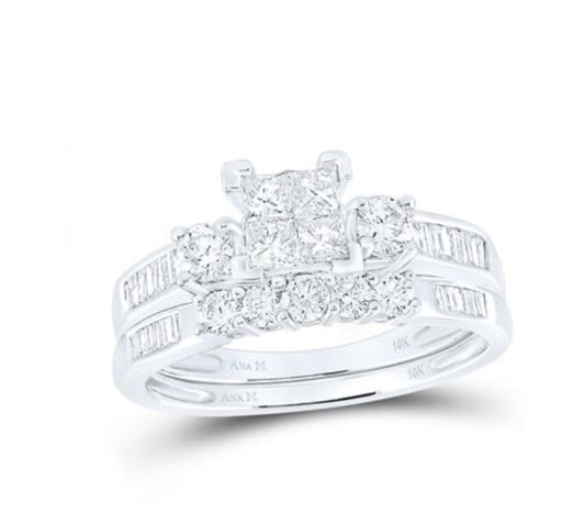 10K WHITE GOLD PRINCESS DIAMOND BRIDAL WEDDING RING SET 1 CTTW