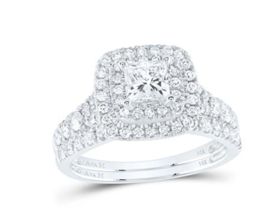 14K WHITE GOLD PRINCESS DIAMOND HALO BRIDAL WEDDING RING SET 1-1/2 CTTW (CERTIFIED)