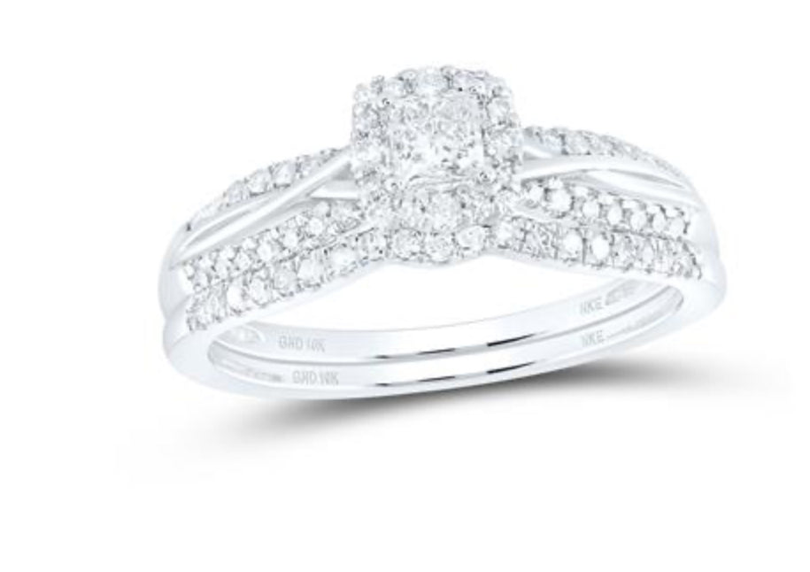 10K WHITE GOLD PRINCESS DIAMOND HALO BRIDAL WEDDING RING SET 1/2 CTTW (CERTIFIED)