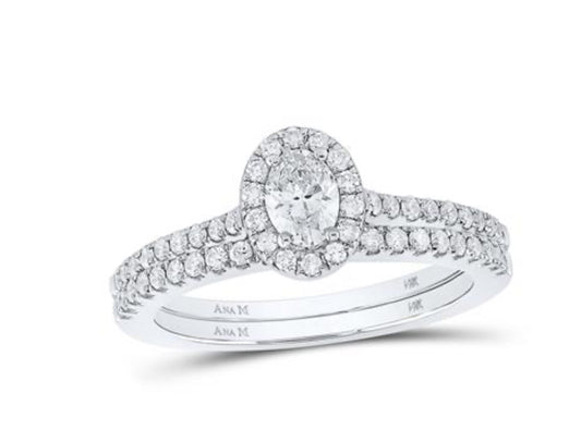 14K WHITE GOLD OVAL DIAMOND OVAL HALO BRIDAL WEDDING RING SET 7/8 CTTW (CERTIFIED)