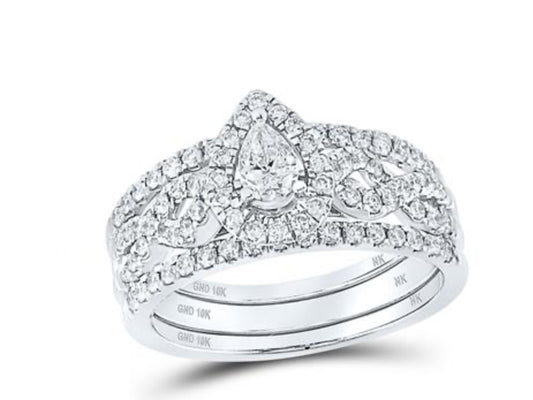 10K WHITE GOLD PEAR DIAMOND 3-PIECE BRIDAL WEDDING RING SET 7/8 CTTW (CERTIFIED)