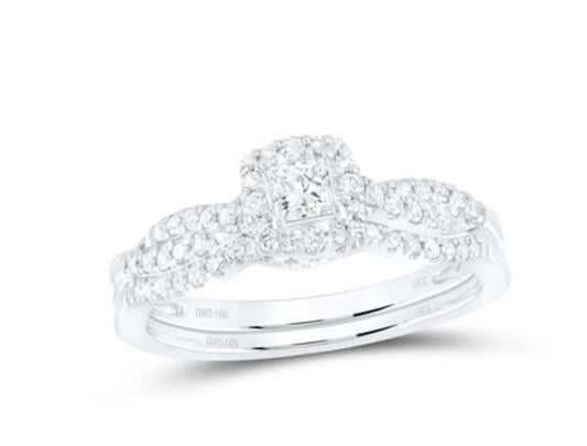10K WHITE GOLD PRINCESS DIAMOND HALO BRIDAL WEDDING RING SET 1/2 CTTW (CERTIFIED)
