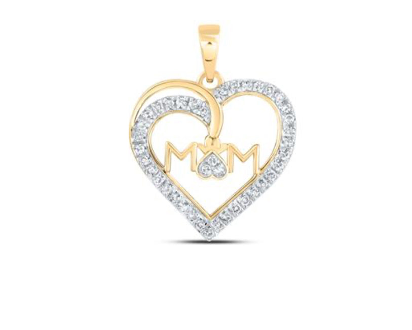 10K YELLOW GOLD ROUND DIAMOND MOM HEART NICOLES DREAM COLLECTION PENDANT 1/6 CTTW