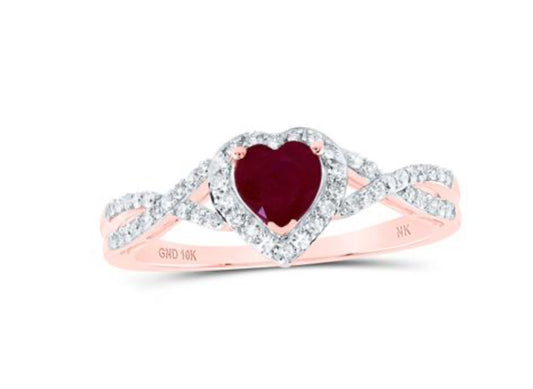 10K ROSE GOLD HEART RUBY DIAMOND HALO RING 1 CTTW