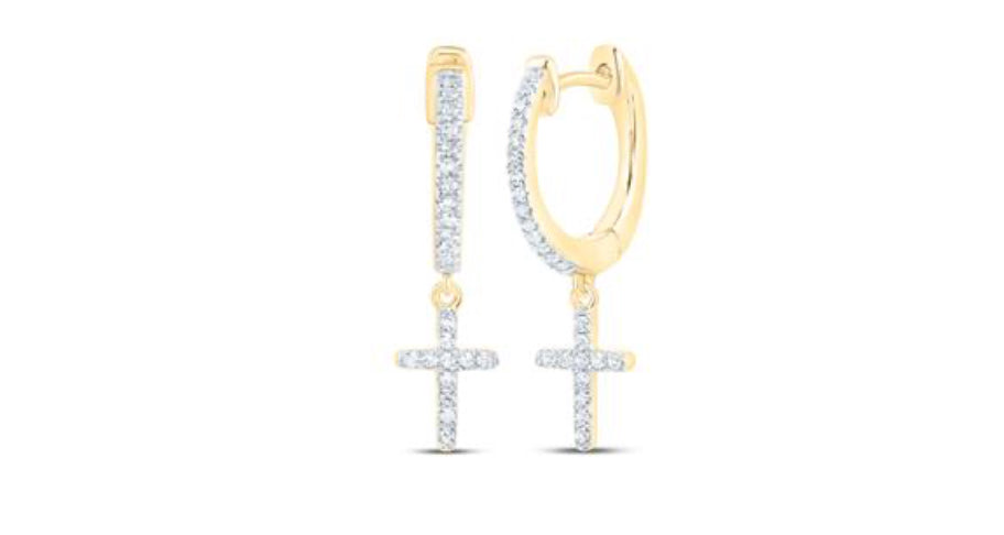 10K YELLOW GOLD ROUND DIAMOND CROSS DANGLE NICOLES DREAM COLLECTION EARRINGS 1/6 CTTW