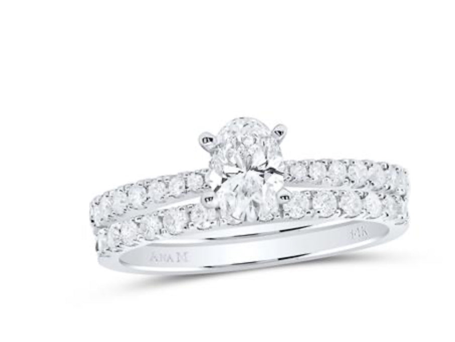 14K WHITE GOLD OVAL DIAMOND BRIDAL WEDDING RING SET 1 CTTW (CERTIFIED)