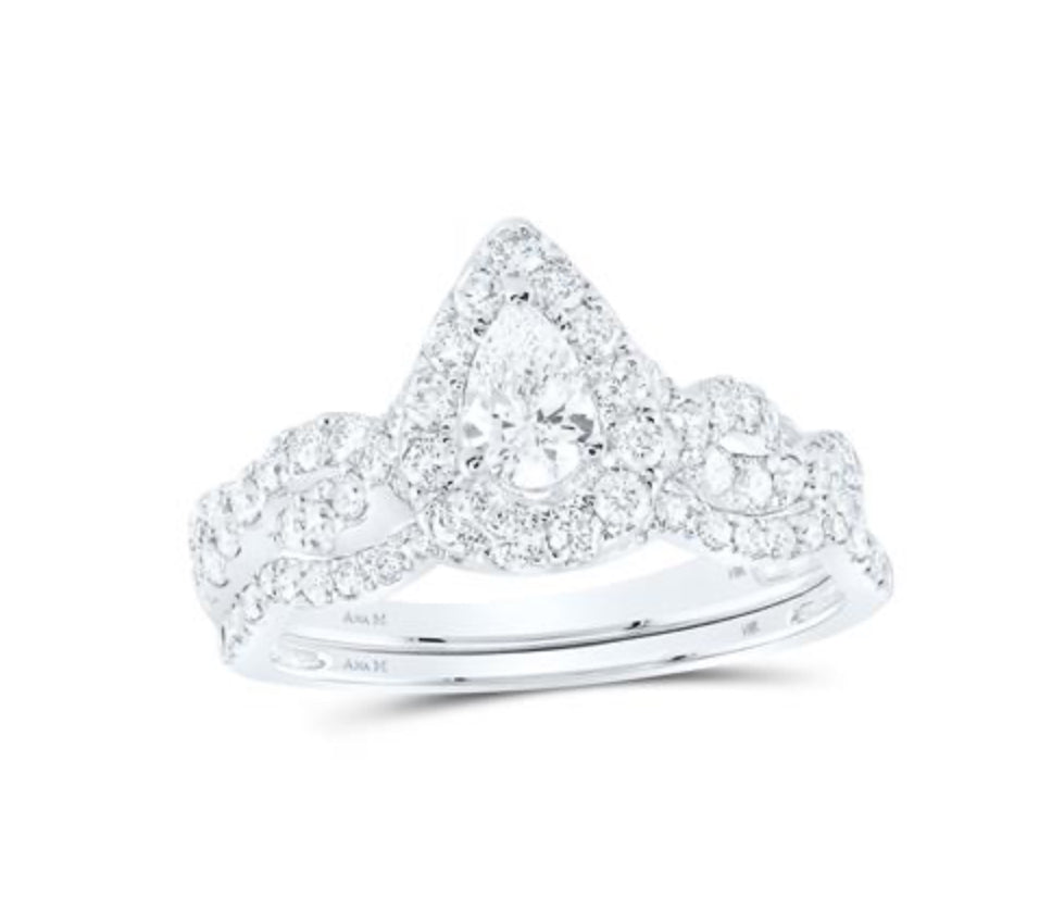 14K WHITE GOLD PEAR DIAMOND HALO BRIDAL WEDDING RING SET 1 CTTW (CERTIFIED)