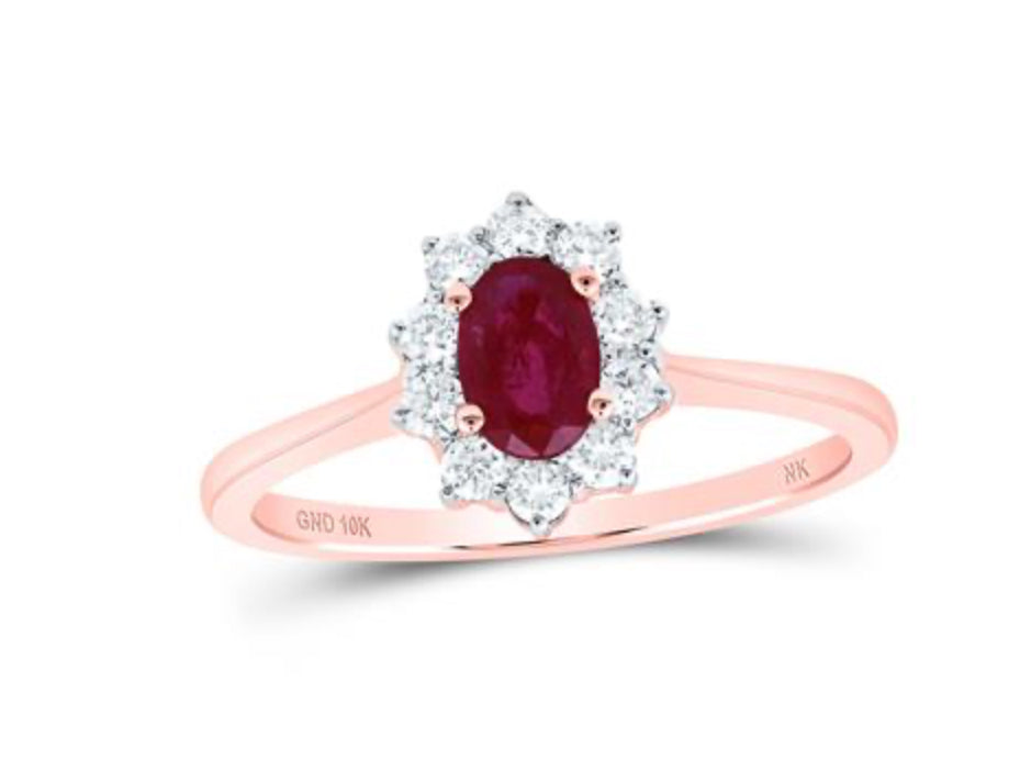 10K ROSE GOLD OVAL RUBY DIAMOND HALO RING 3/4 CTTW