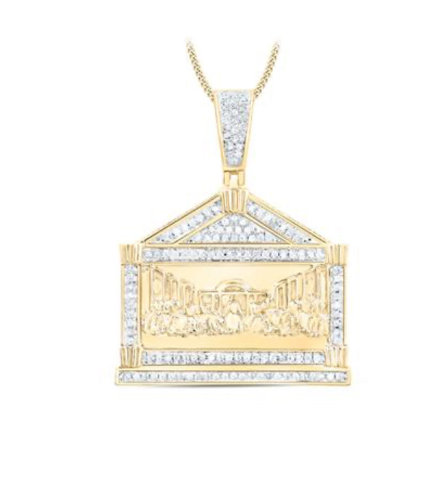 10K YELLOW GOLD ROUND DIAMOND LAST SUPPER CHARM PENDANT 3/8 CTTW