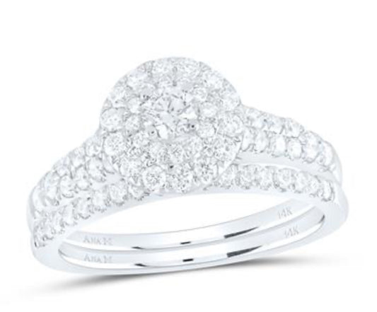 14K WHITE GOLD PRINCESS DIAMOND HALO BRIDAL WEDDING RING SET 1 CTTW (CERTIFIED)