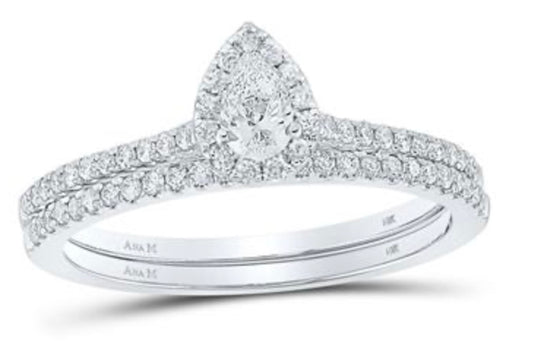 14K WHITE GOLD PEAR DIAMOND HALO BRIDAL WEDDING RING SET 1/2 CTTW (CERTIFIED)