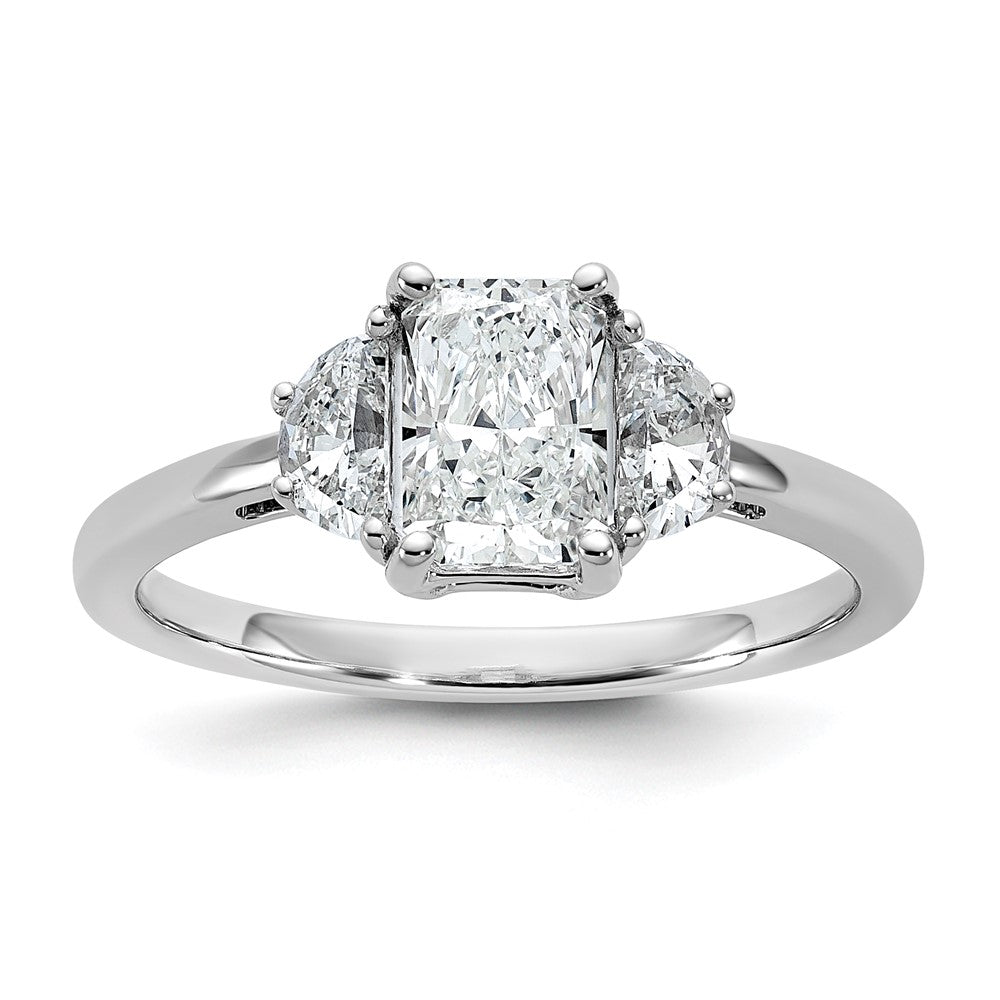 Radiant lab-grown diamond three-stone engagement ring in 14K white gold