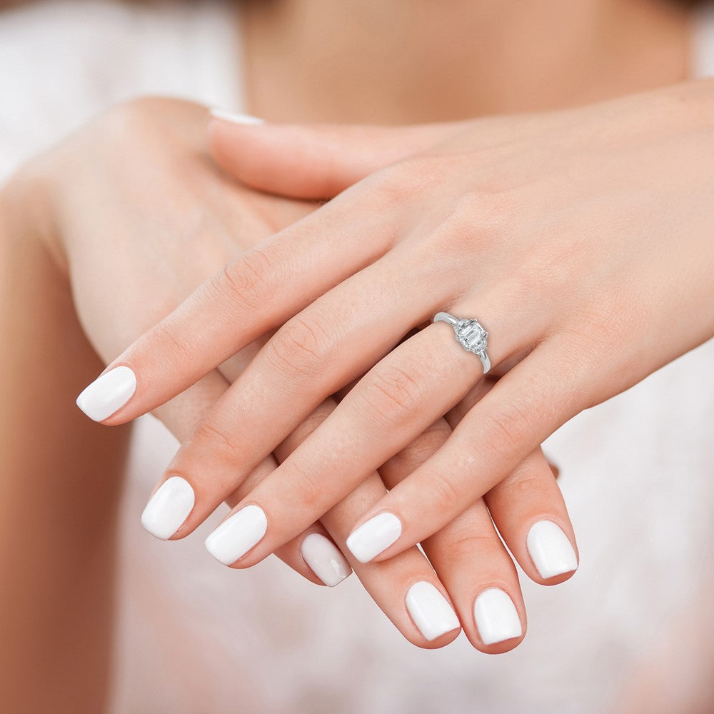 Emerald lab-grown diamond three-stone engagement ring in 14K white gold