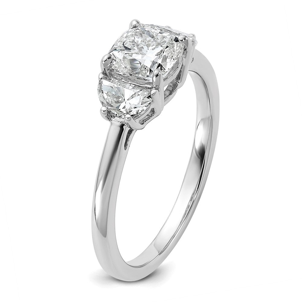 Cushion lab-grown diamond three-stone engagement ring in 14K white gold