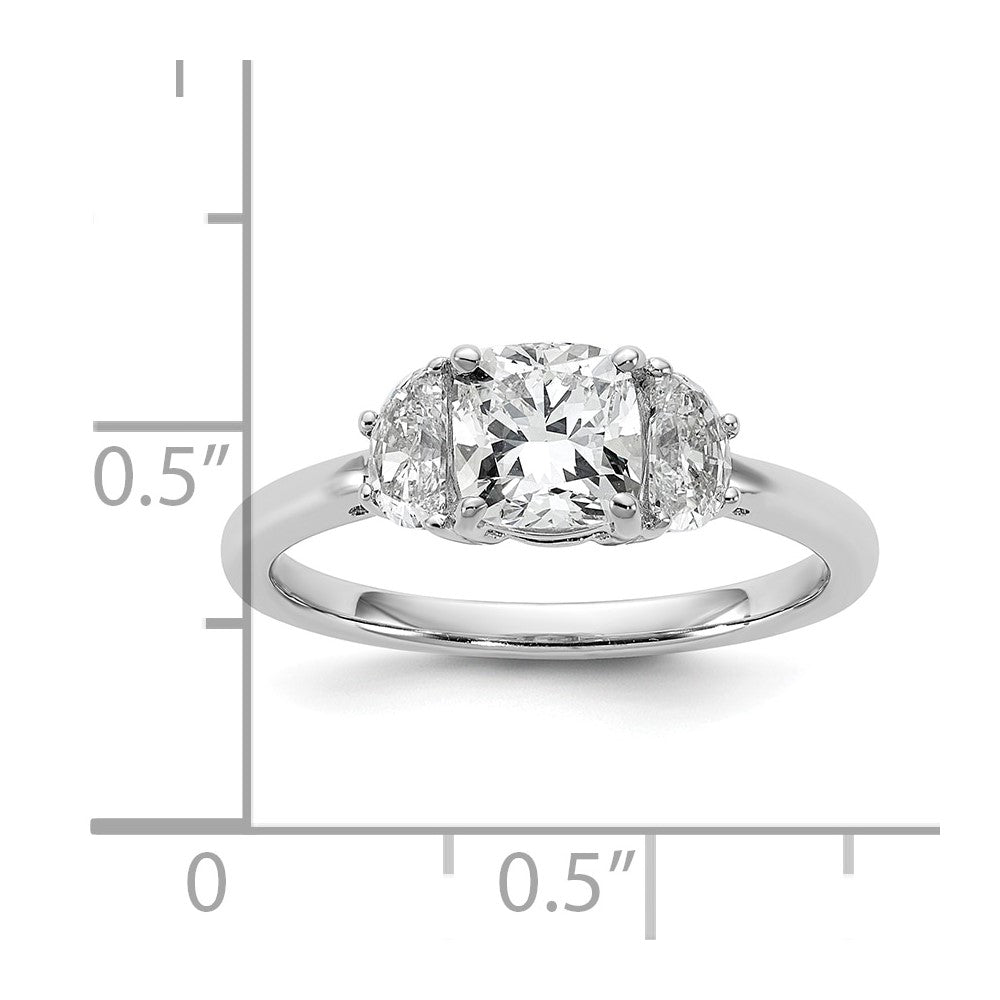 Cushion lab-grown diamond three-stone engagement ring in 14K white gold