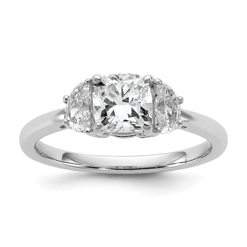 Cushion lab-grown diamond three-stone engagement ring in 14K white gold