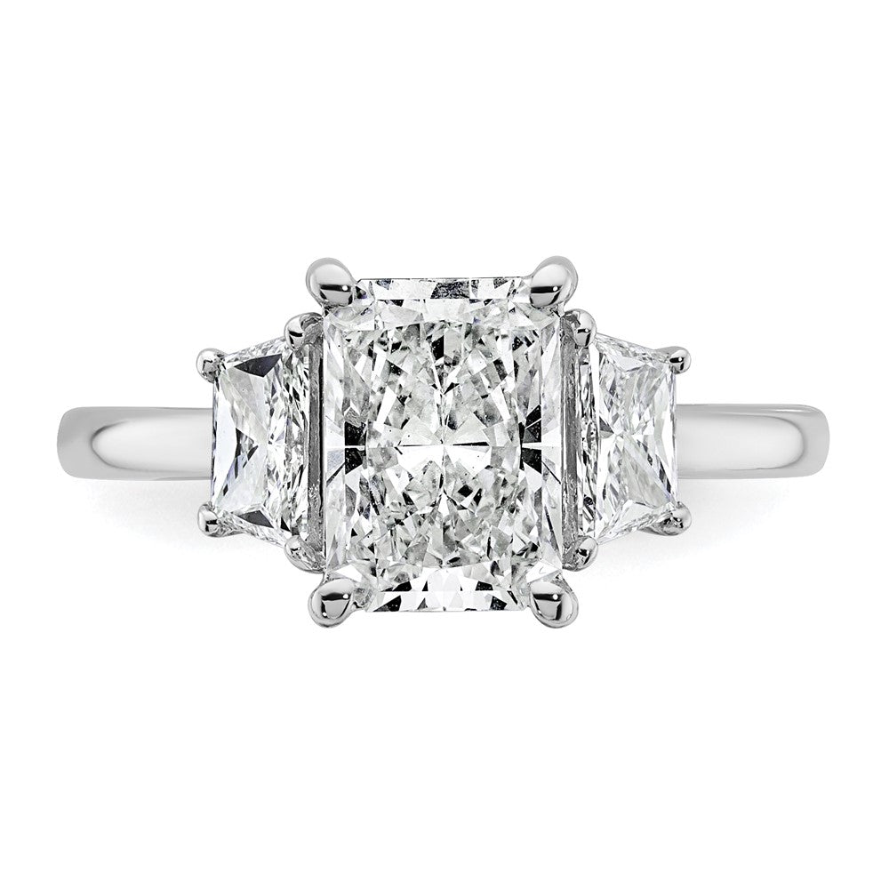 Radiant lab-grown diamond three-stone engagement ring in 14K white gold