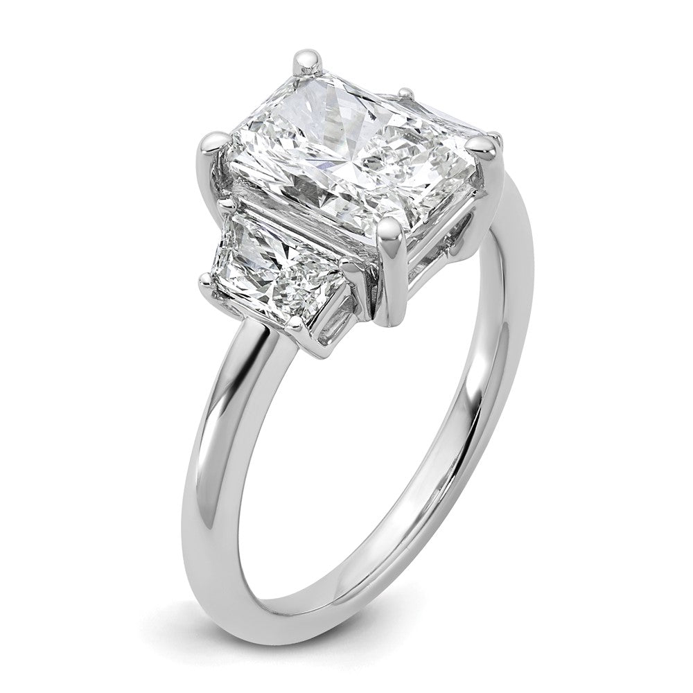 Radiant lab-grown diamond three-stone engagement ring in 14K white gold