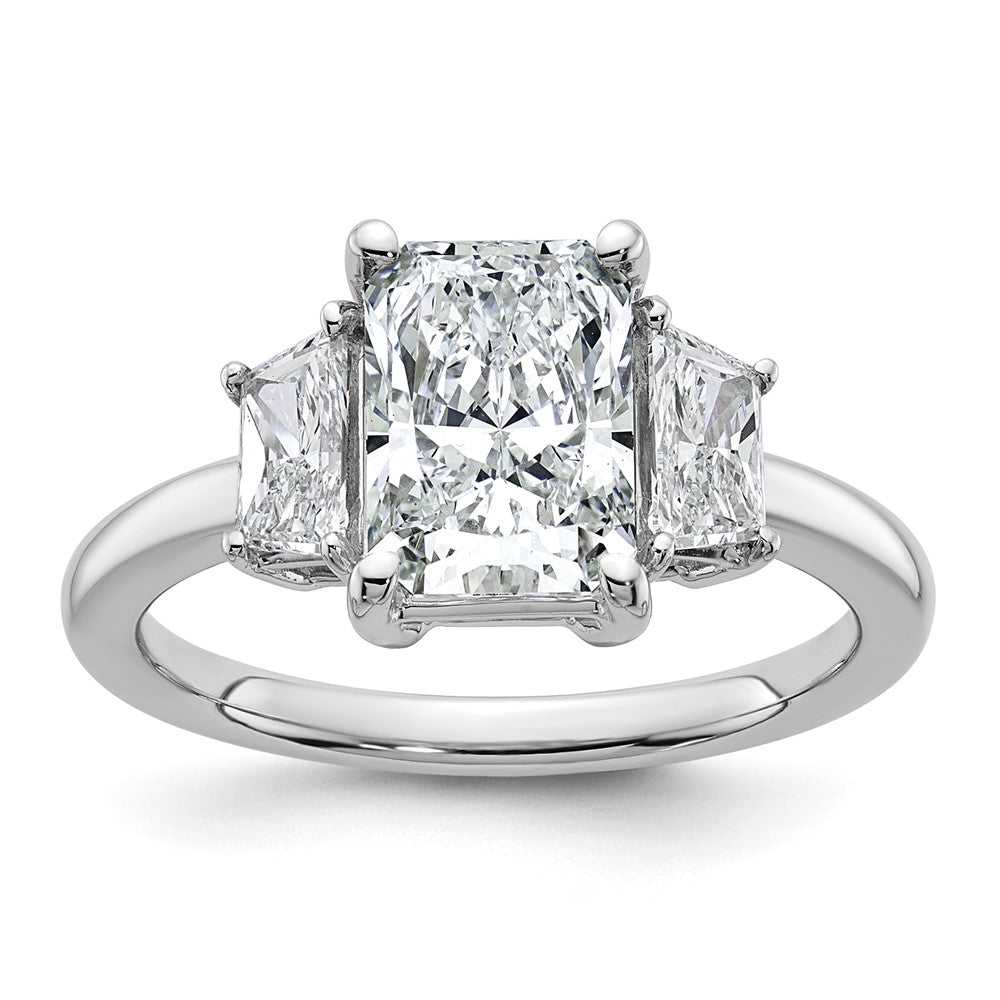 Radiant lab-grown diamond three-stone engagement ring in 14K white gold
