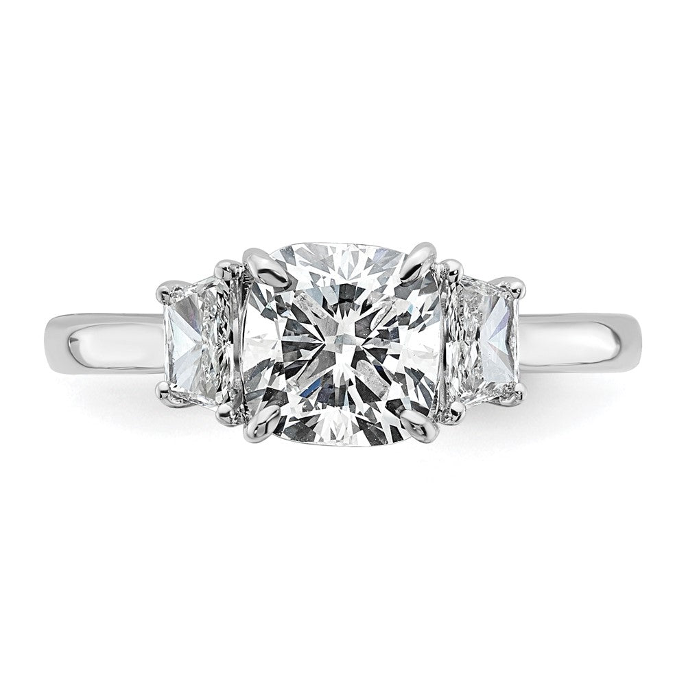 Cushion lab-grown diamond three-stone engagement ring in 14K white gold