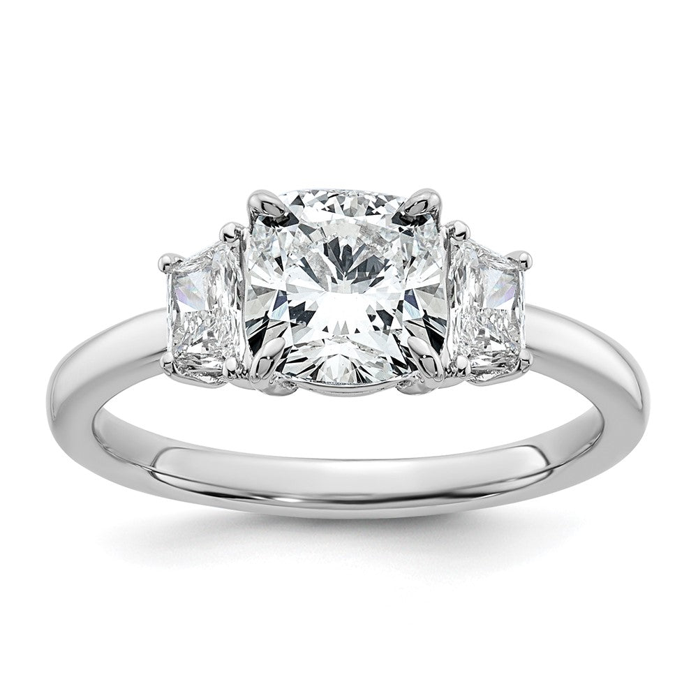 Cushion lab-grown diamond three-stone engagement ring in 14K white gold