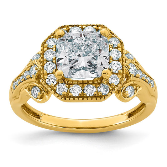 Cushion lab-grown diamond halo engagement ring in 14K yellow gold