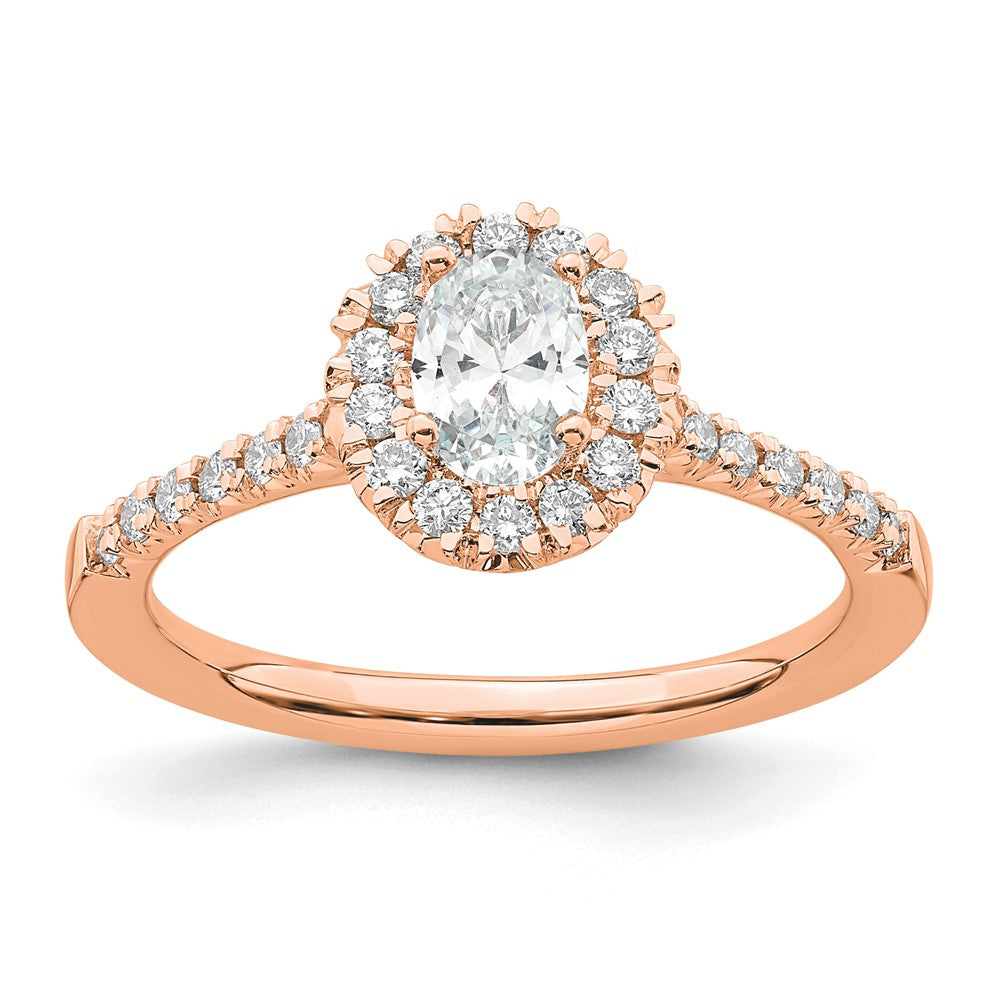 Oval lab-grown diamond halo engagement ring in 14K rose gold
