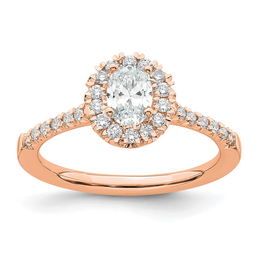 Oval lab-grown diamond halo engagement ring in 14K rose gold