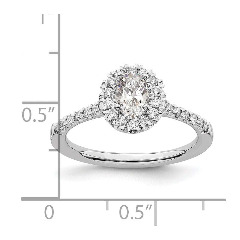 Oval lab-grown diamond halo engagement ring in 14K white gold