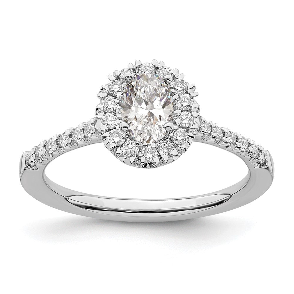 Oval lab-grown diamond halo engagement ring in 14K white gold