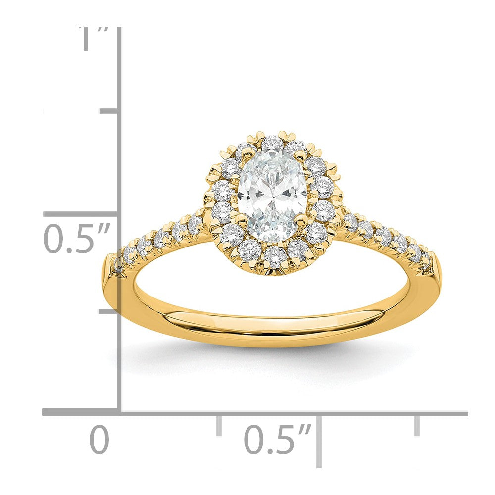 Oval lab-grown diamond halo engagement ring in 14K yellow gold