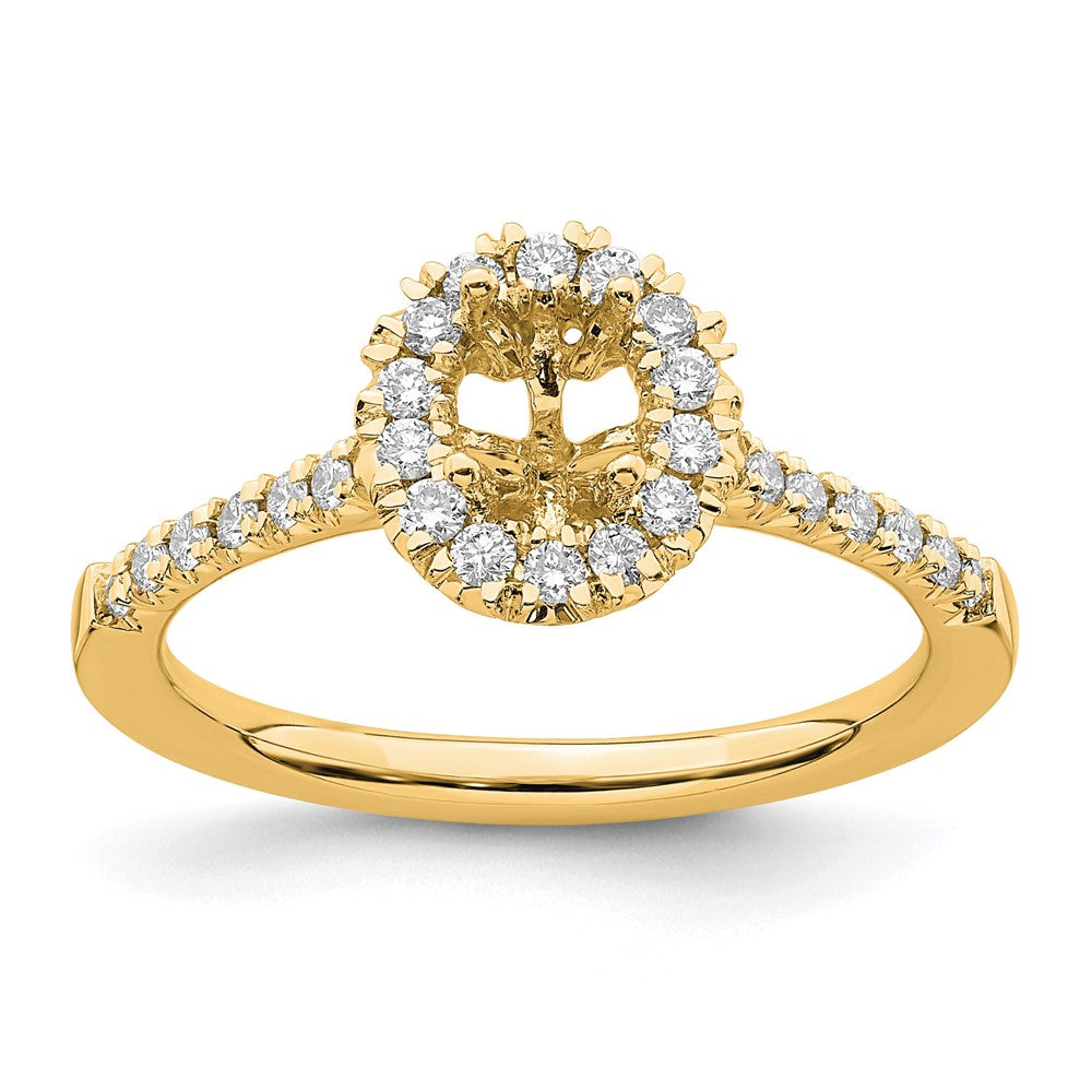 Oval lab-grown diamond halo engagement ring in 14K yellow gold