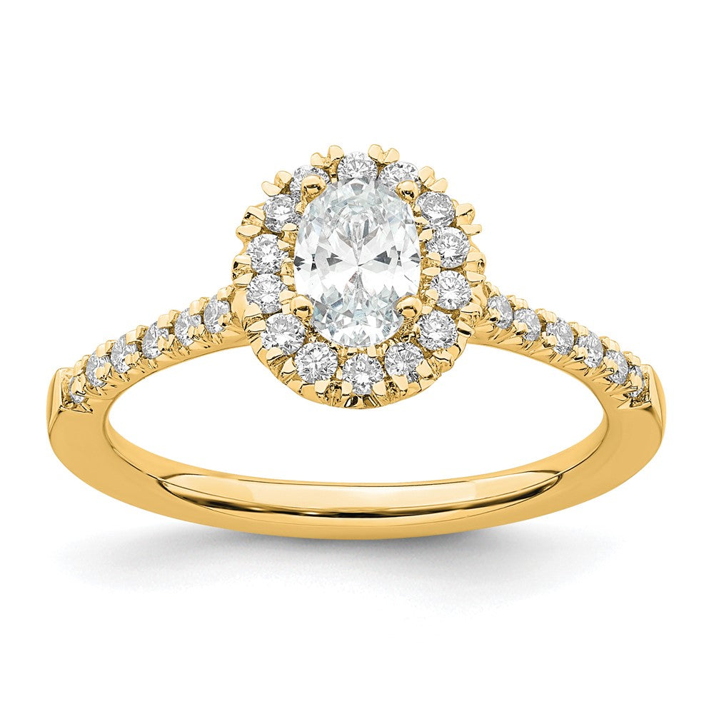 Oval lab-grown diamond halo engagement ring in 14K yellow gold