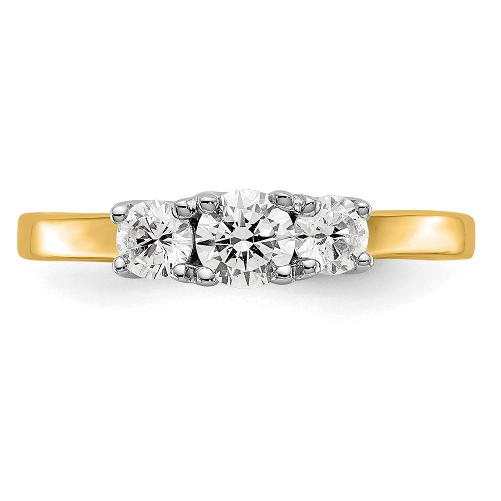 Round lab-grown diamond three-stone engagement ring in 14K two-tone gold
