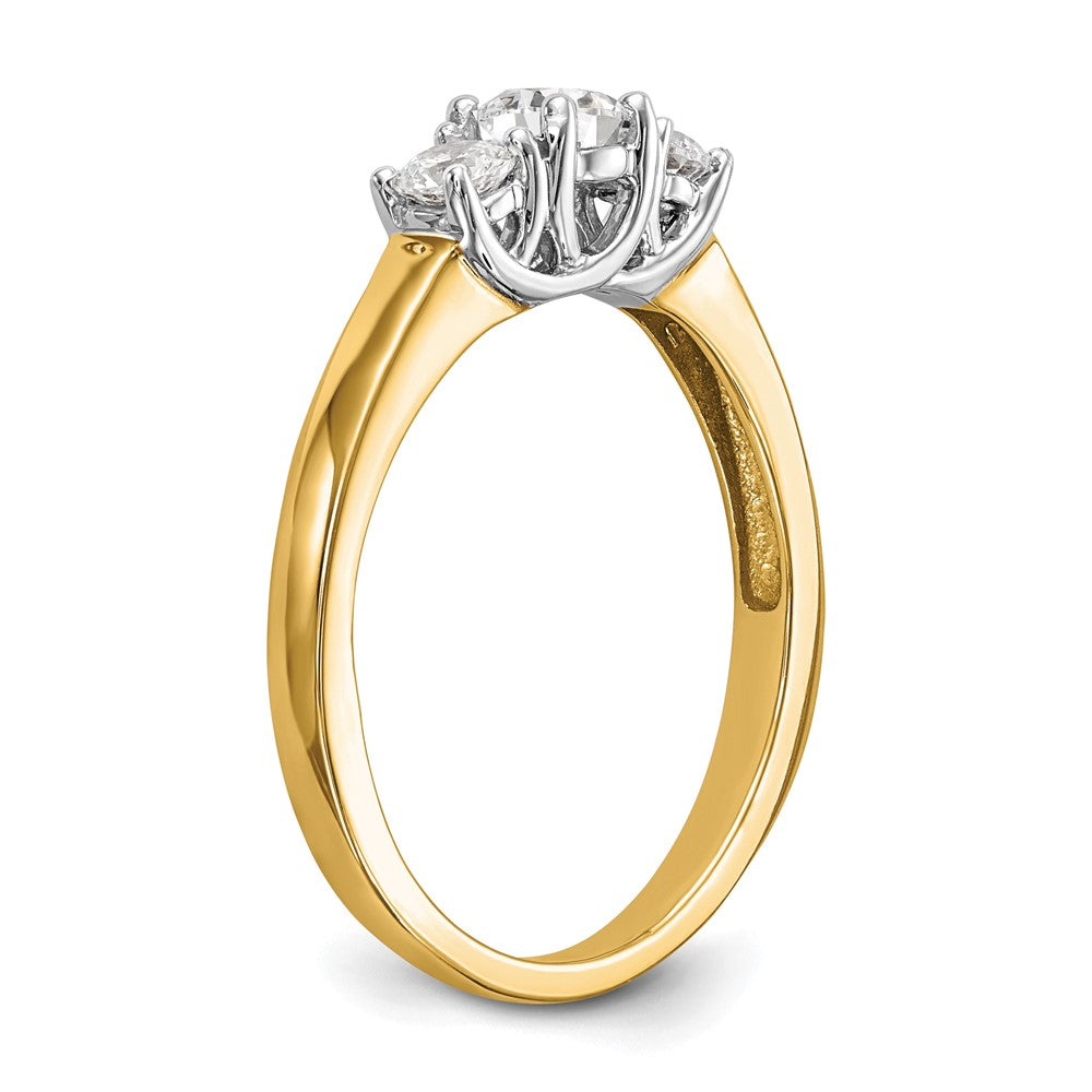 Round lab-grown diamond three-stone engagement ring in 14K two-tone gold