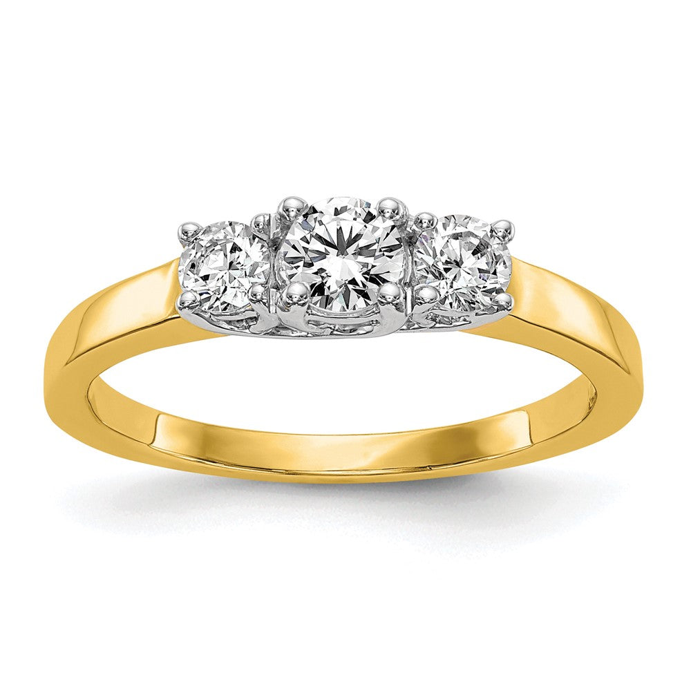 Round lab-grown diamond three-stone engagement ring in 14K two-tone gold