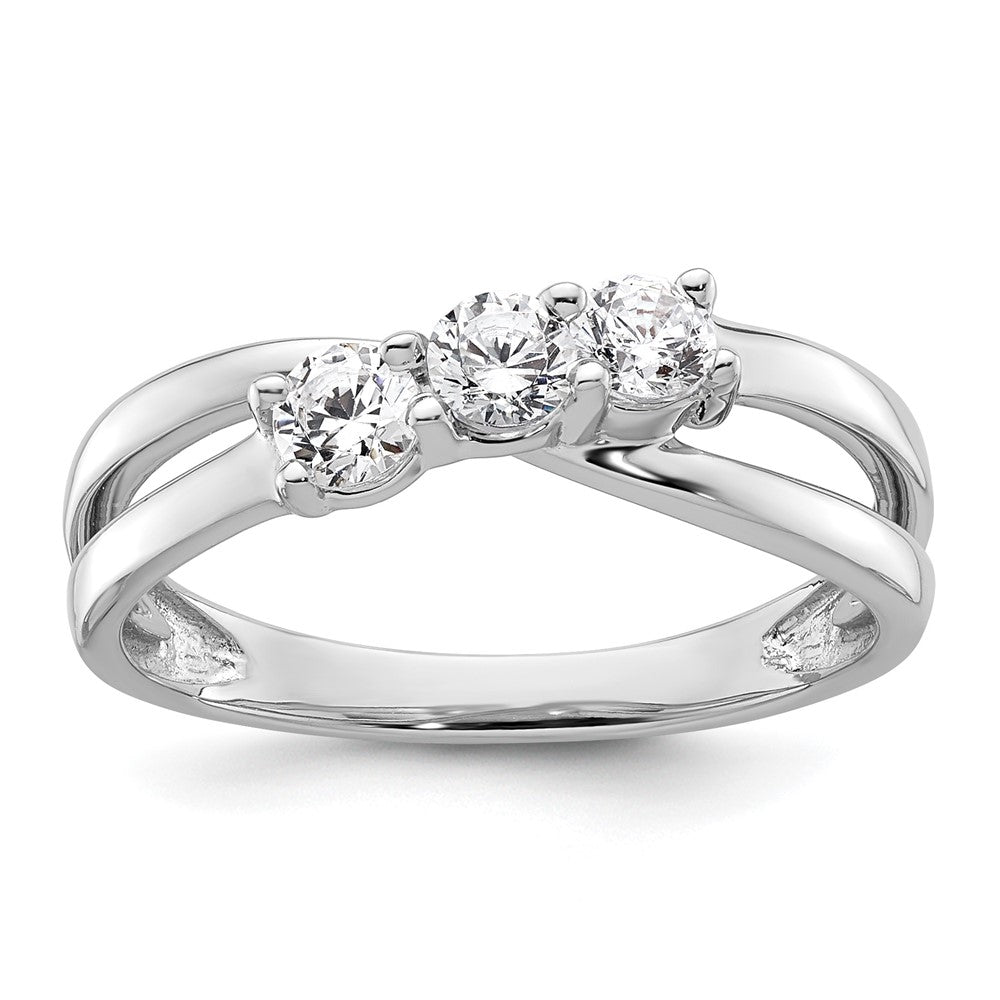 Round lab-grown diamond three-stone engagement ring in 14K white gold