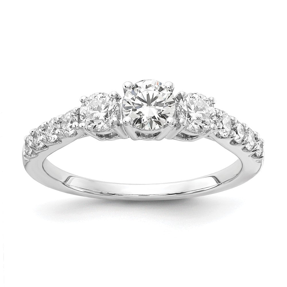 Round lab-grown diamond three-stone engagement ring in 14K white gold