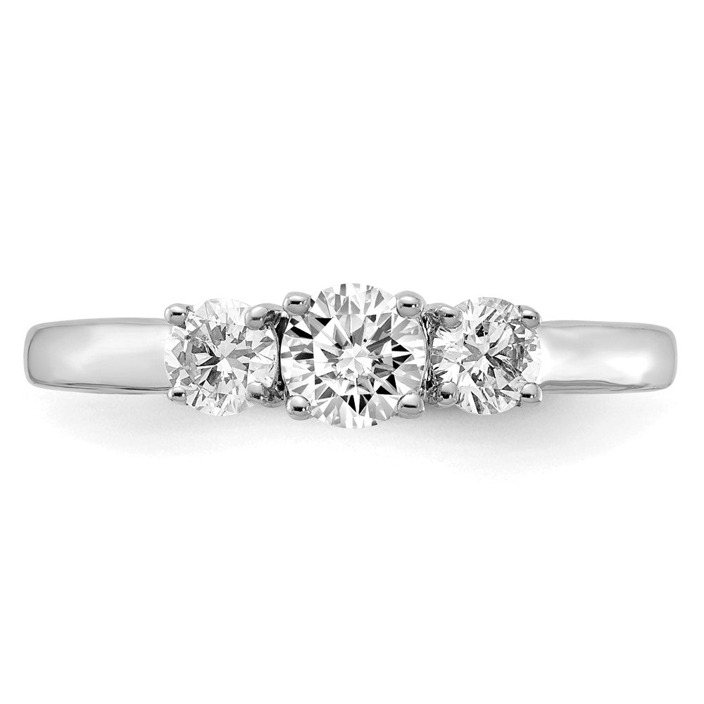 Round lab-grown diamond three-stone engagement ring in 14K white gold