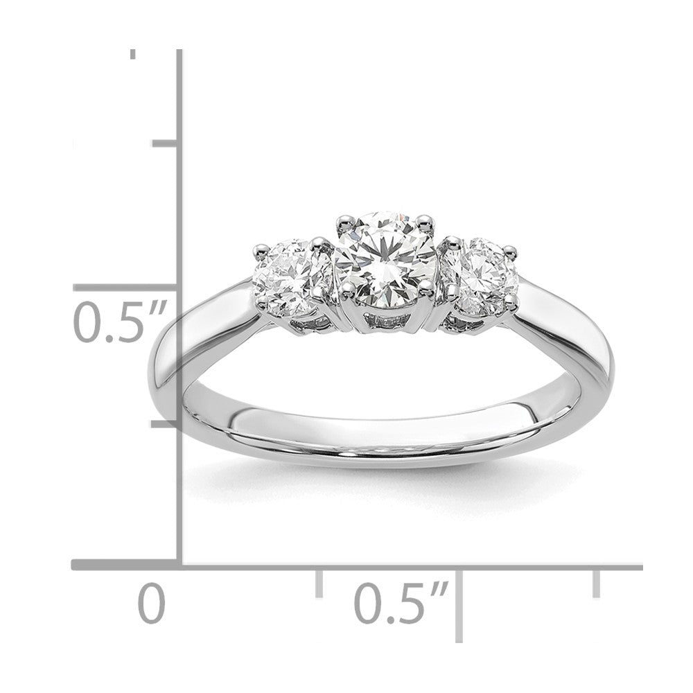 Round lab-grown diamond three-stone engagement ring in 14K white gold