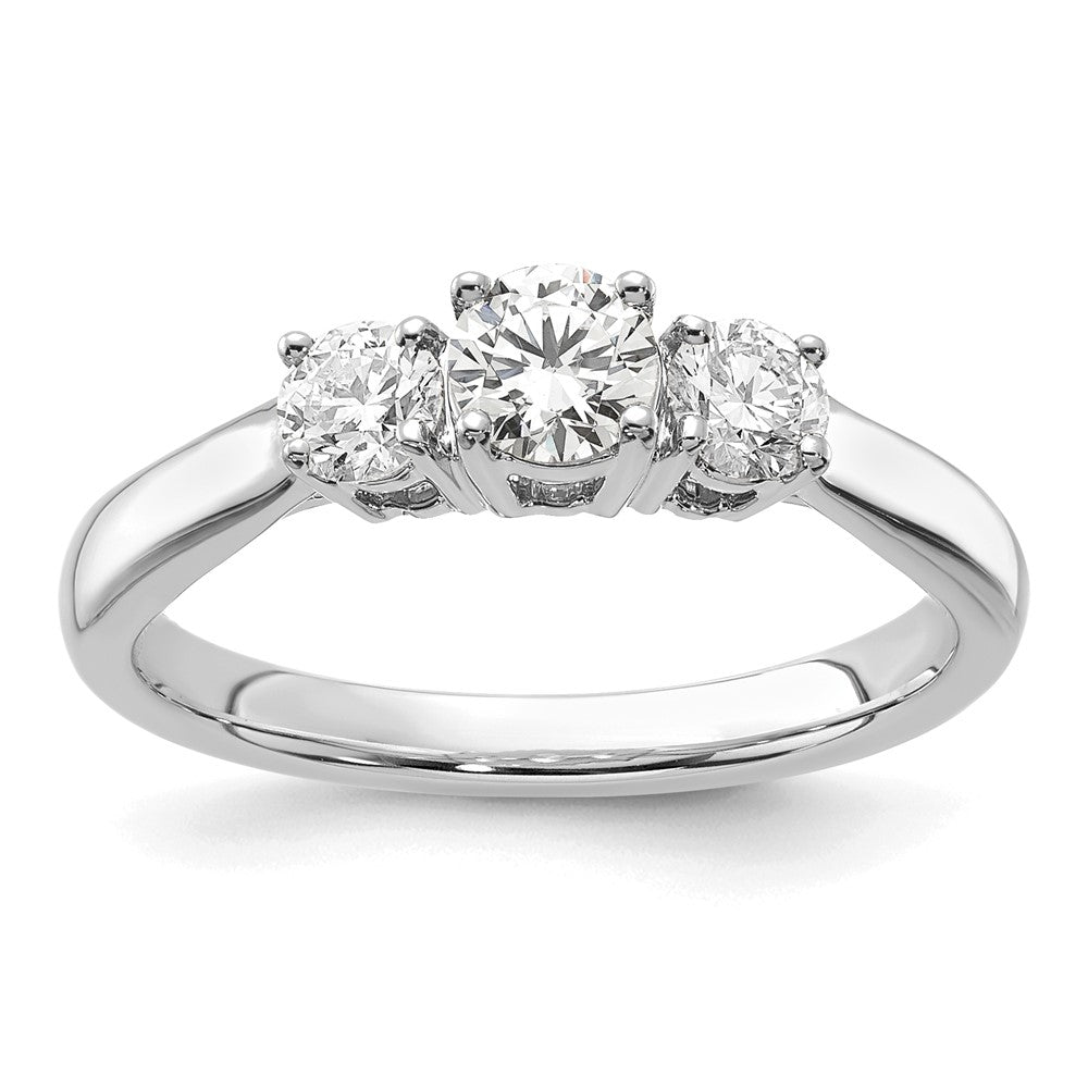 Round lab-grown diamond three-stone engagement ring in 14K white gold
