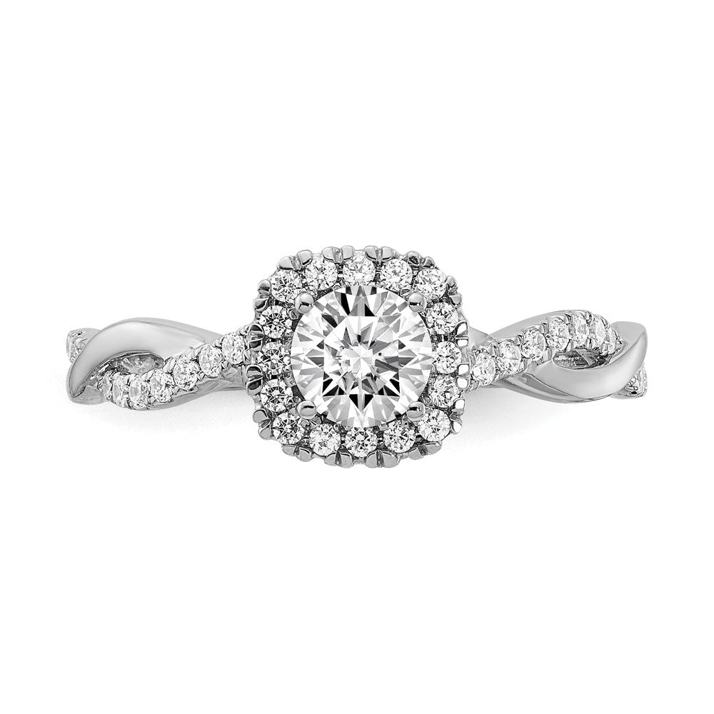 Round lab-grown diamond halo engagement ring in 10K white gold